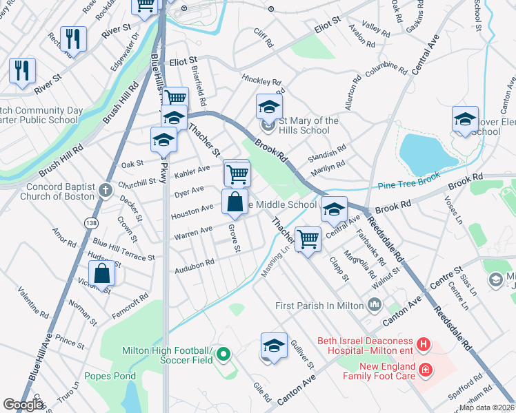 map of restaurants, bars, coffee shops, grocery stores, and more near 175 Thacher Street in Milton