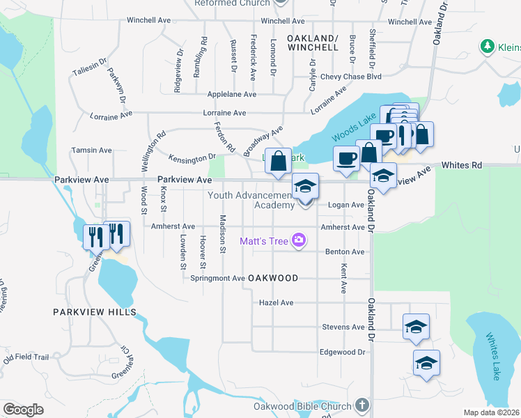 map of restaurants, bars, coffee shops, grocery stores, and more near 2528 Amherst Avenue in Kalamazoo