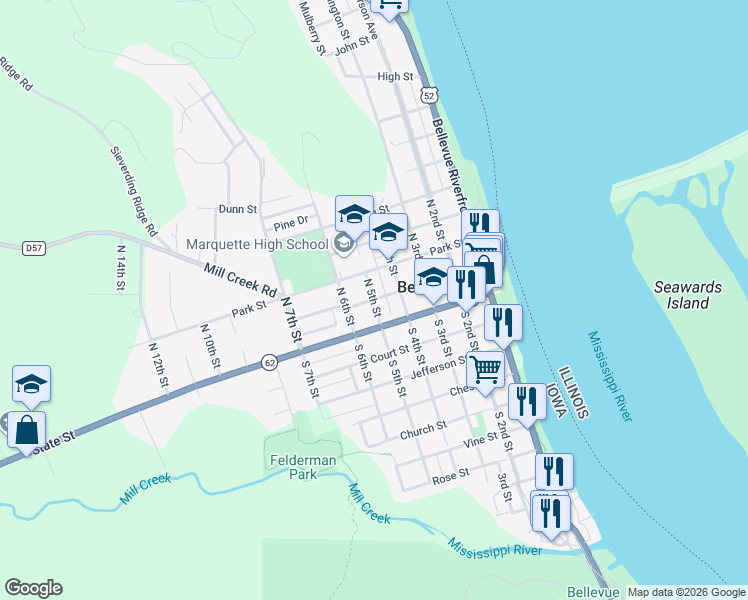 map of restaurants, bars, coffee shops, grocery stores, and more near 199 N 5th St in Bellevue