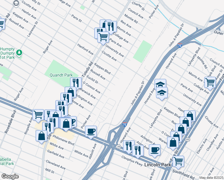 map of restaurants, bars, coffee shops, grocery stores, and more near 1764 Euclid Street in Lincoln Park