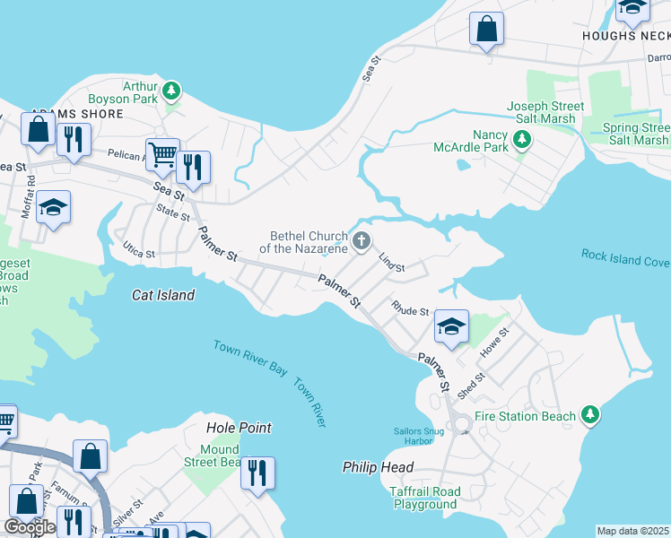 map of restaurants, bars, coffee shops, grocery stores, and more near 167 Palmer Street in Quincy