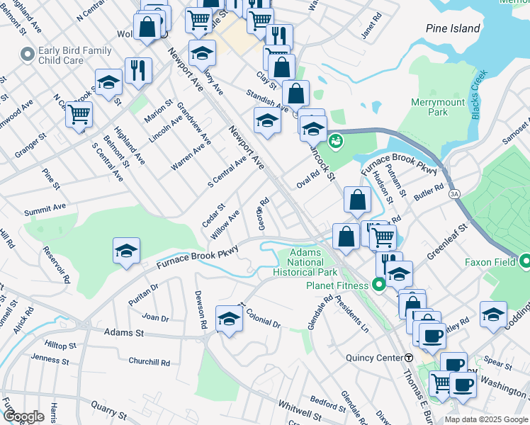 map of restaurants, bars, coffee shops, grocery stores, and more near 59 George Road in Quincy