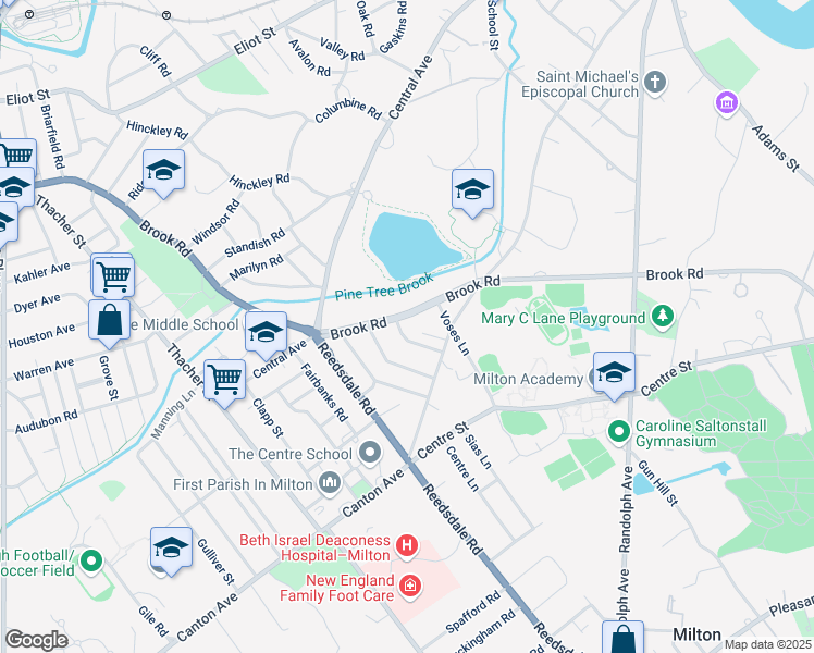 map of restaurants, bars, coffee shops, grocery stores, and more near 21 Cape Cod Lane in Milton