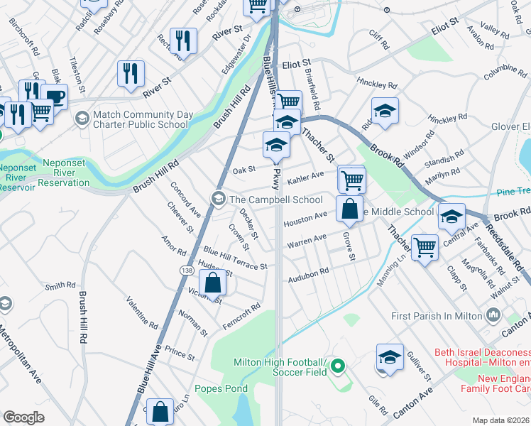 map of restaurants, bars, coffee shops, grocery stores, and more near 251-253 Blue Hills Parkway in Milton