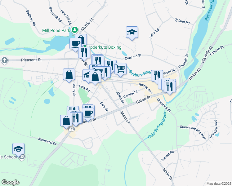 map of restaurants, bars, coffee shops, grocery stores, and more near 87 Alden Street in Ashland