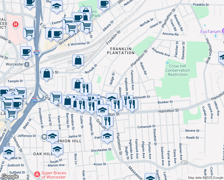 map of restaurants, bars, coffee shops, grocery stores, and more near 102 Plantation Street in Worcester