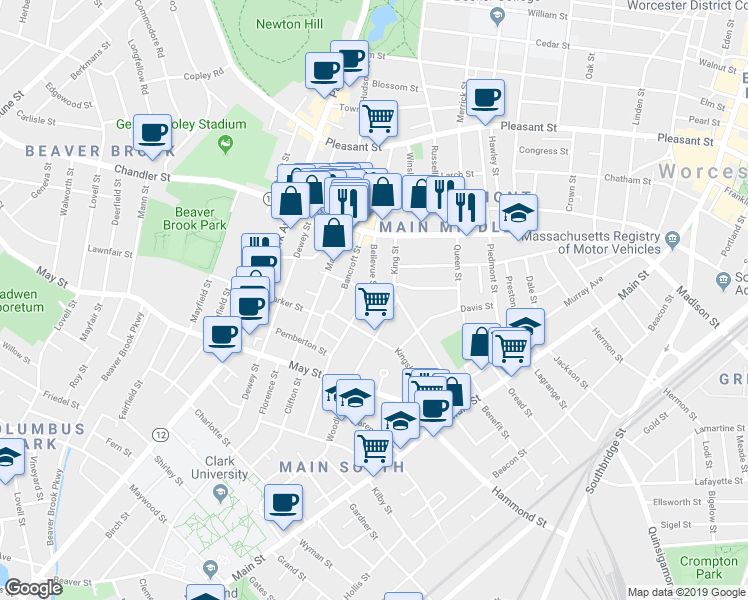 map of restaurants, bars, coffee shops, grocery stores, and more near 14 Woodland Street in Worcester