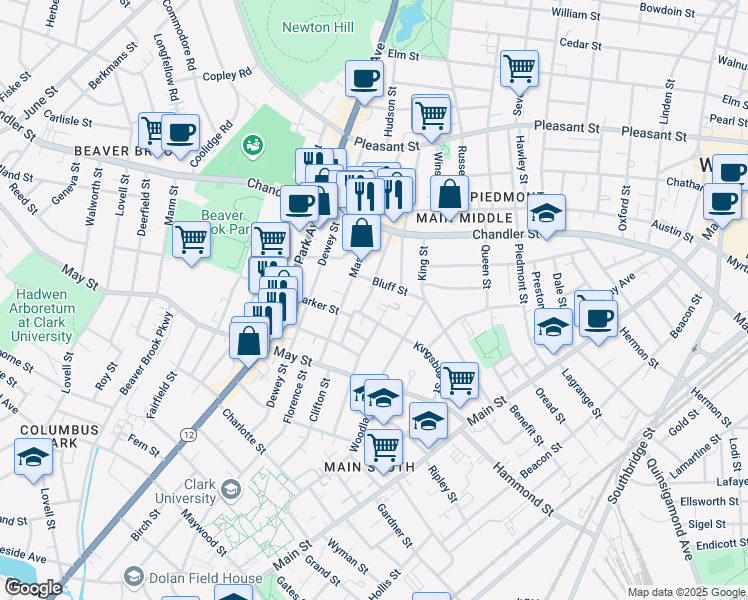 map of restaurants, bars, coffee shops, grocery stores, and more near 46 Kingsbury Street in Worcester