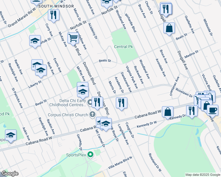 map of restaurants, bars, coffee shops, grocery stores, and more near in Windsor