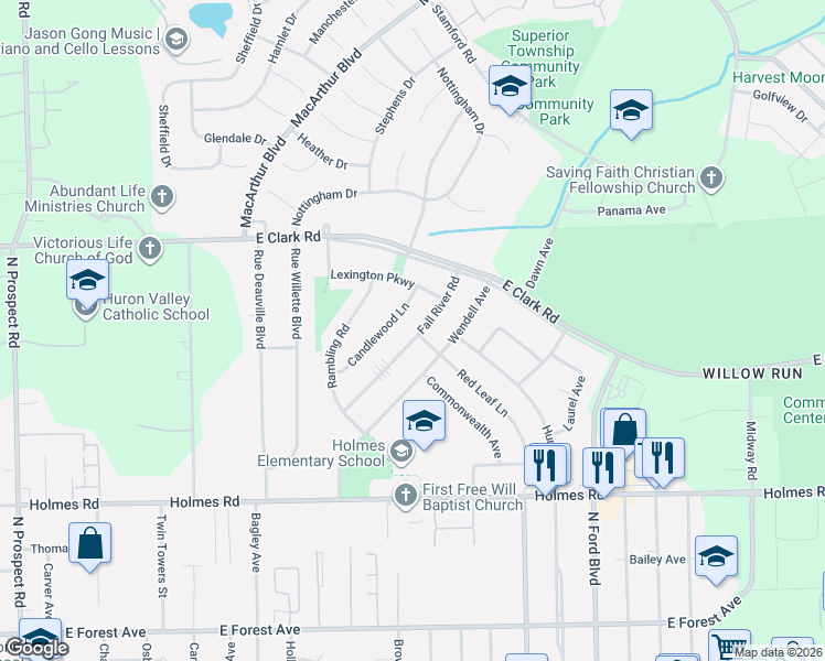map of restaurants, bars, coffee shops, grocery stores, and more near 1288 Fall River Road in Ypsilanti
