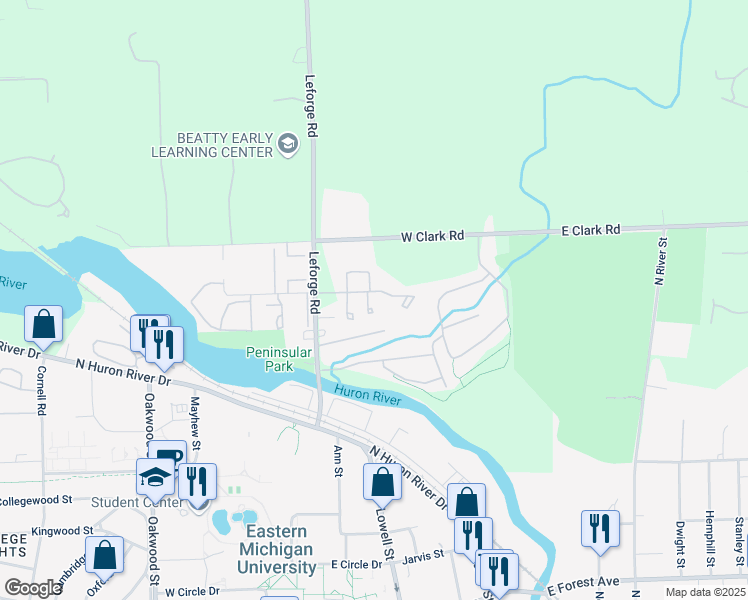 map of restaurants, bars, coffee shops, grocery stores, and more near 633 Villa Drive in Ypsilanti