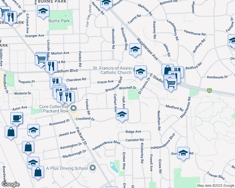 map of restaurants, bars, coffee shops, grocery stores, and more near 2014 Carhart Avenue in Ann Arbor