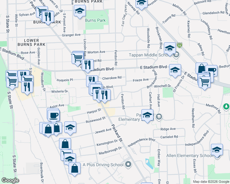 map of restaurants, bars, coffee shops, grocery stores, and more near 3016 Brockman Boulevard in Ann Arbor
