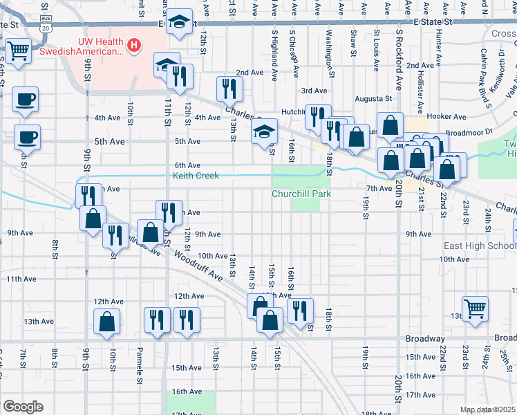 map of restaurants, bars, coffee shops, grocery stores, and more near 905 14th Street in Rockford