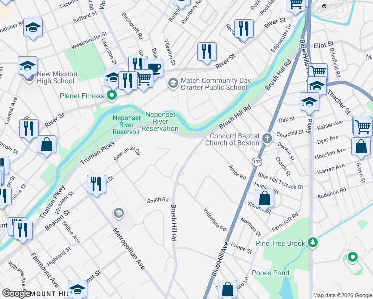 map of restaurants, bars, coffee shops, grocery stores, and more near 295 Brush Hill Road in Milton