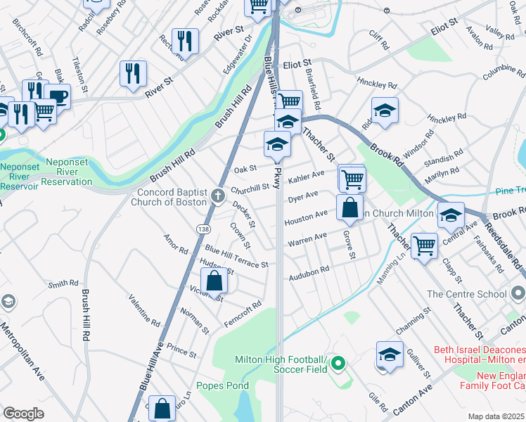map of restaurants, bars, coffee shops, grocery stores, and more near 249 Blue Hills Parkway in Milton