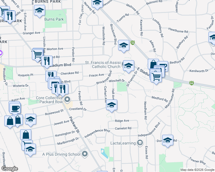 map of restaurants, bars, coffee shops, grocery stores, and more near 2014 Carhart Avenue in Ann Arbor