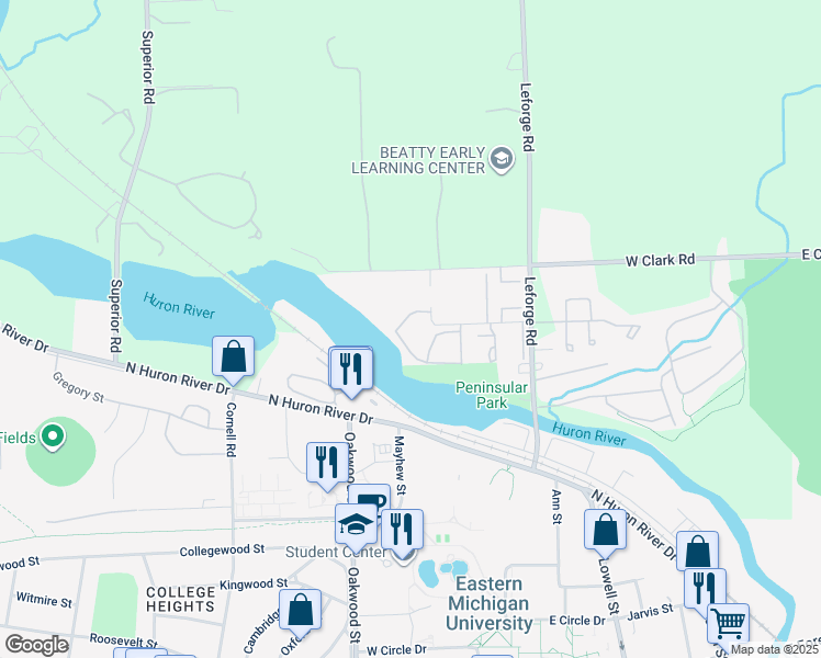 map of restaurants, bars, coffee shops, grocery stores, and more near 855 Green Road in Ypsilanti