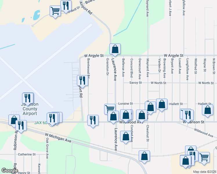 map of restaurants, bars, coffee shops, grocery stores, and more near 860 Evanston Drive in Jackson