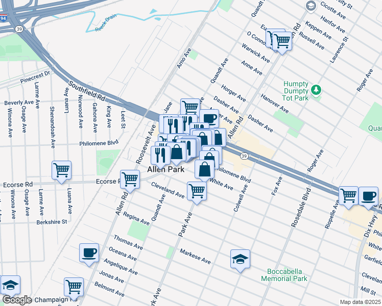 map of restaurants, bars, coffee shops, grocery stores, and more near 6645 Allen Road in Allen Park