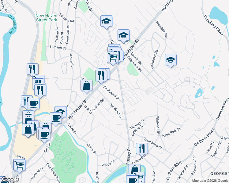 map of restaurants, bars, coffee shops, grocery stores, and more near 58 Birchwood Street in Boston