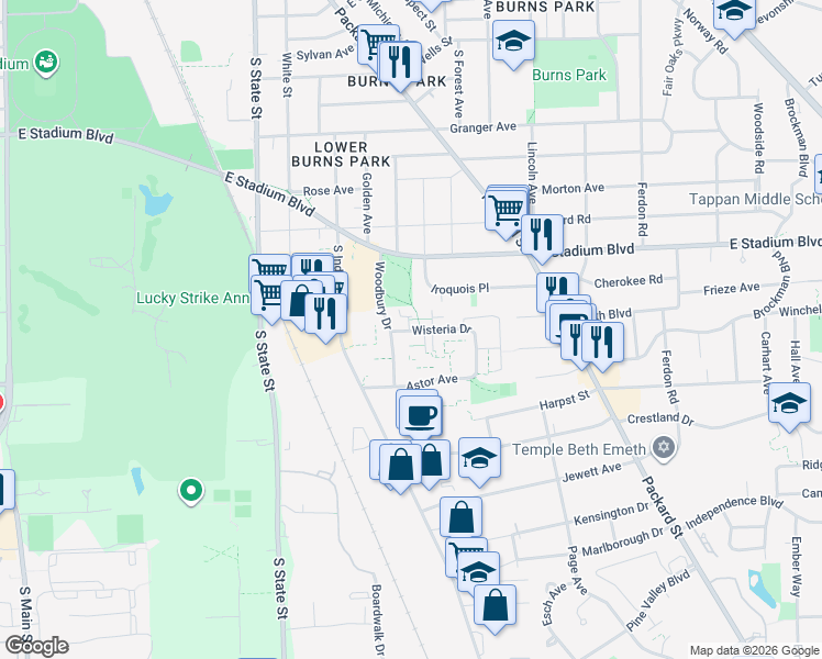 map of restaurants, bars, coffee shops, grocery stores, and more near 1915 Woodbury Drive in Ann Arbor