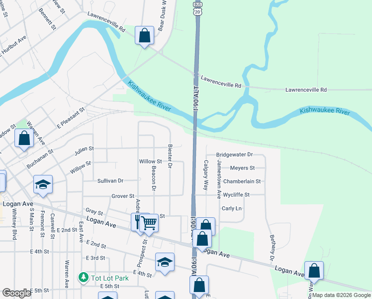 map of restaurants, bars, coffee shops, grocery stores, and more near 1316 Willow Street in Belvidere