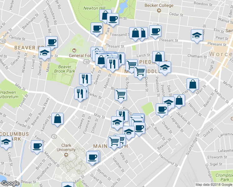 map of restaurants, bars, coffee shops, grocery stores, and more near 13-1/2 Bluff Street in Worcester