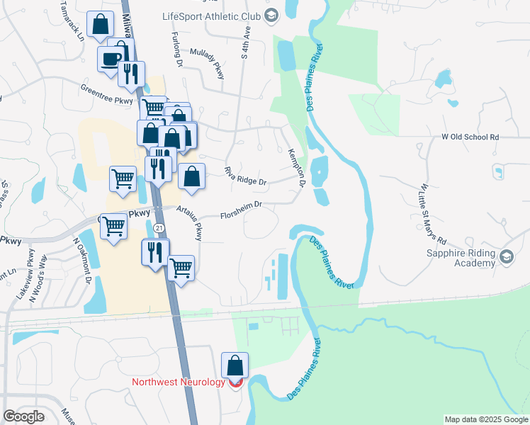 map of restaurants, bars, coffee shops, grocery stores, and more near 901 Florsheim Drive in Libertyville