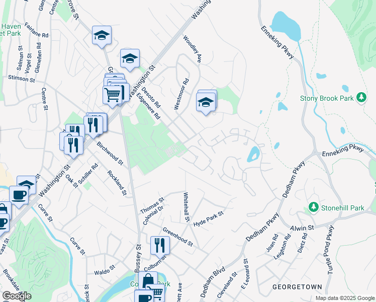 map of restaurants, bars, coffee shops, grocery stores, and more near 117 Edgemere Road in Boston
