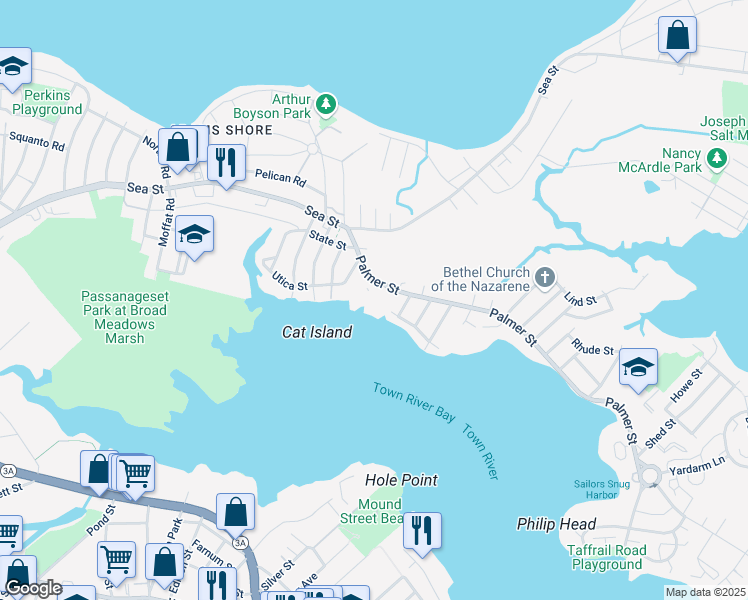 map of restaurants, bars, coffee shops, grocery stores, and more near 1 Riverbank Road in Quincy