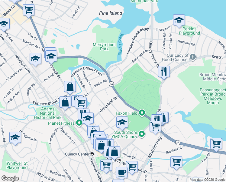 map of restaurants, bars, coffee shops, grocery stores, and more near 118 Greenleaf Street in Quincy
