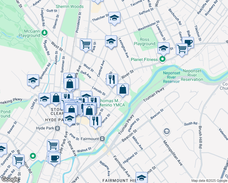 map of restaurants, bars, coffee shops, grocery stores, and more near 1082 River Street in Boston