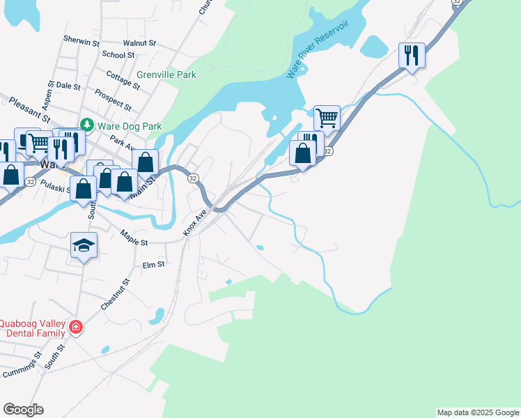 map of restaurants, bars, coffee shops, grocery stores, and more near 35 Morse Avenue in Ware