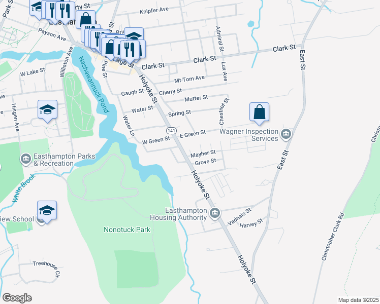 map of restaurants, bars, coffee shops, grocery stores, and more near 5 Grove Street in Easthampton