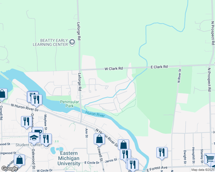 map of restaurants, bars, coffee shops, grocery stores, and more near 425 Villa Drive in Ypsilanti