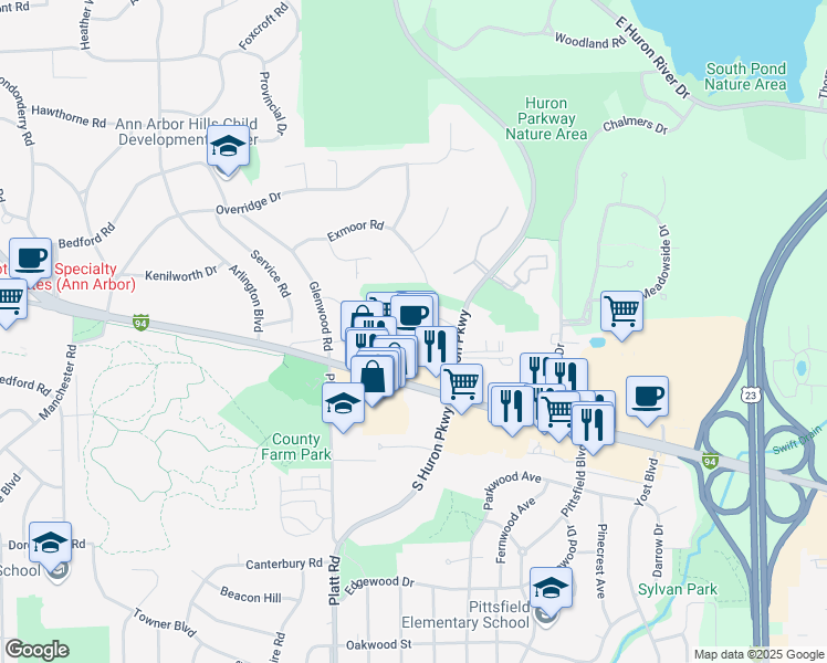 map of restaurants, bars, coffee shops, grocery stores, and more near 3225 Washtenaw Avenue in Ann Arbor