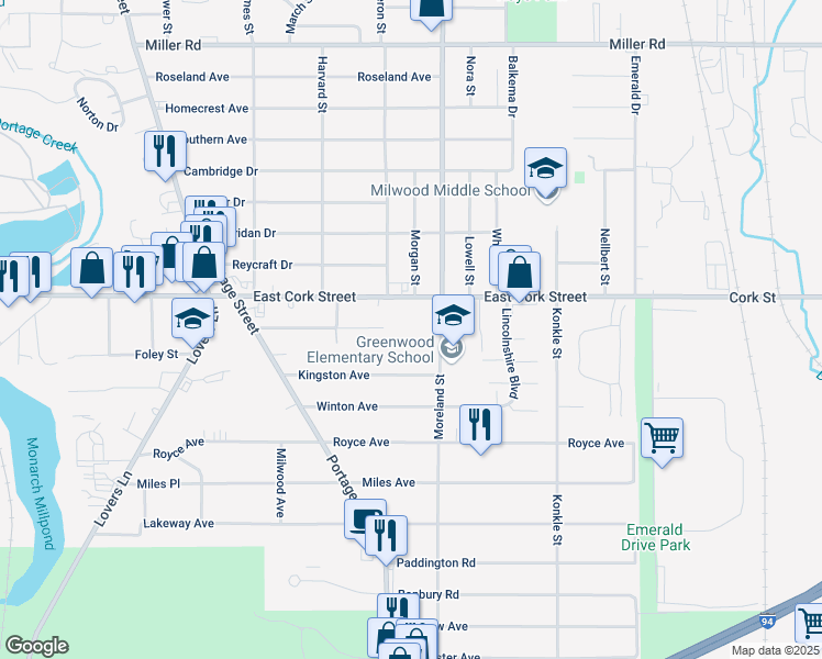 map of restaurants, bars, coffee shops, grocery stores, and more near 1603 Kingston Avenue in Kalamazoo