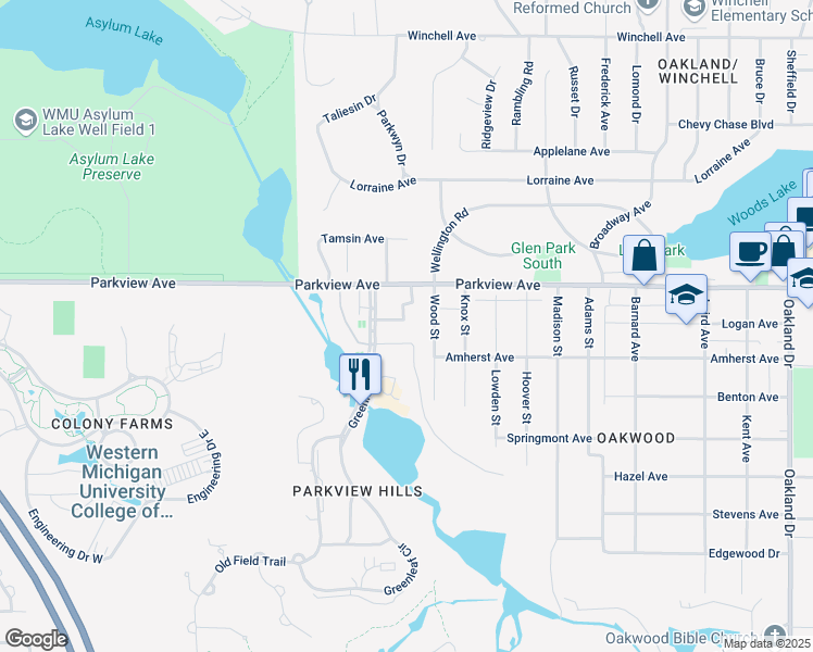map of restaurants, bars, coffee shops, grocery stores, and more near 3801 Willow Lake Drive in Kalamazoo