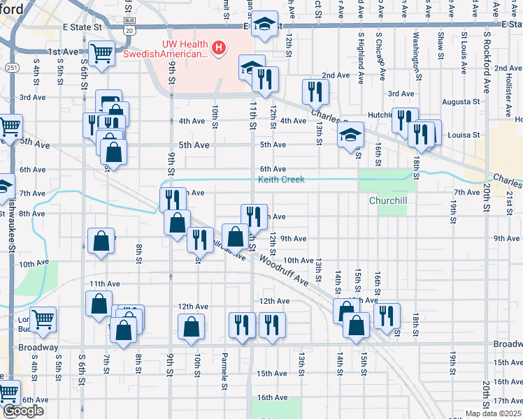 map of restaurants, bars, coffee shops, grocery stores, and more near 1511 8th Avenue in Rockford