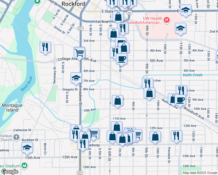 map of restaurants, bars, coffee shops, grocery stores, and more near 910 South 6th Street in Rockford