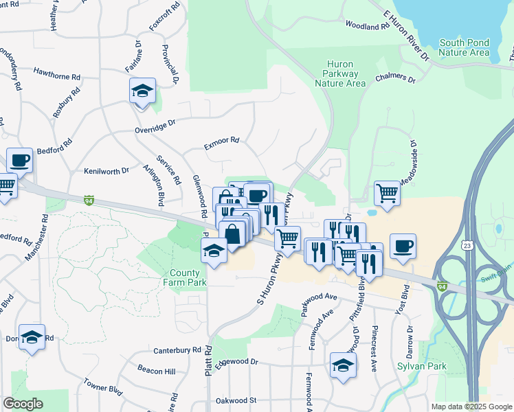 map of restaurants, bars, coffee shops, grocery stores, and more near 3225 Washtenaw Avenue in Ann Arbor