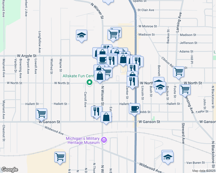 map of restaurants, bars, coffee shops, grocery stores, and more near 1111 West North Street in Jackson