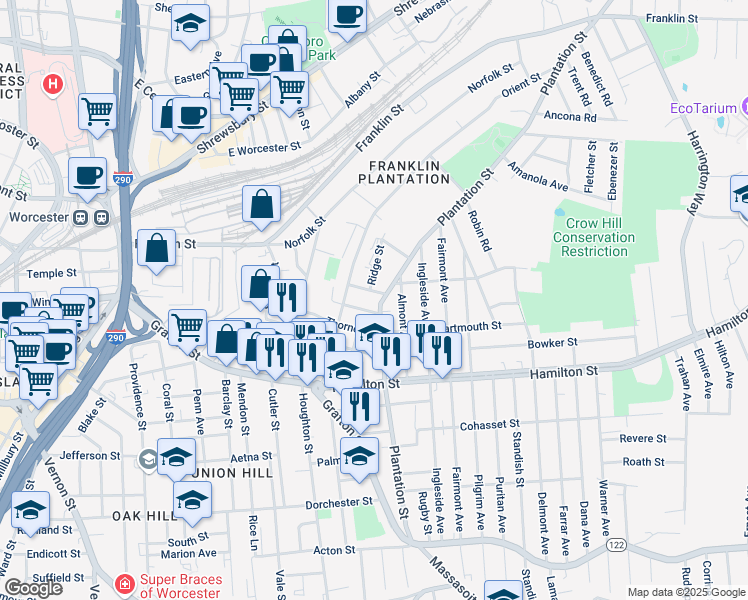 map of restaurants, bars, coffee shops, grocery stores, and more near 102 Plantation Street in Worcester