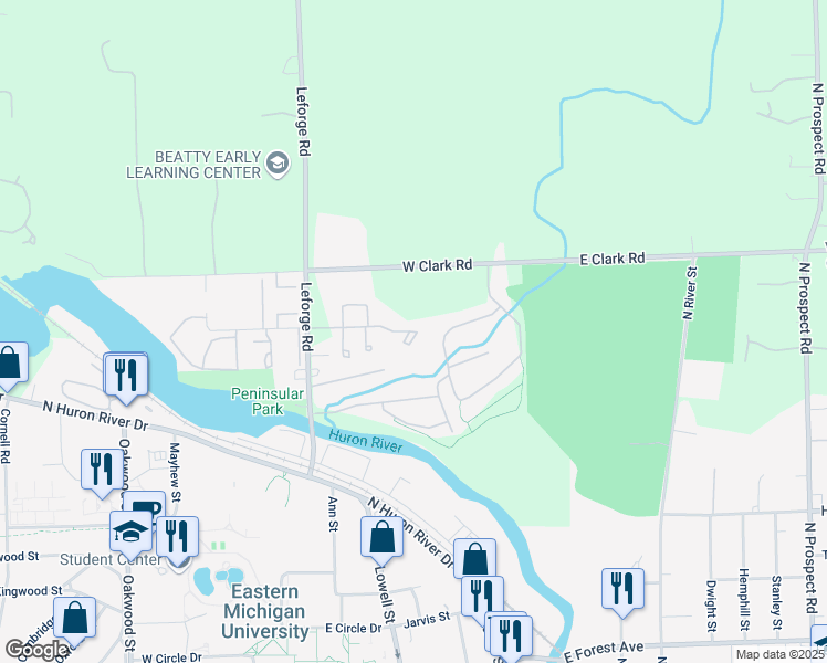 map of restaurants, bars, coffee shops, grocery stores, and more near 425 Villa Drive in Ypsilanti