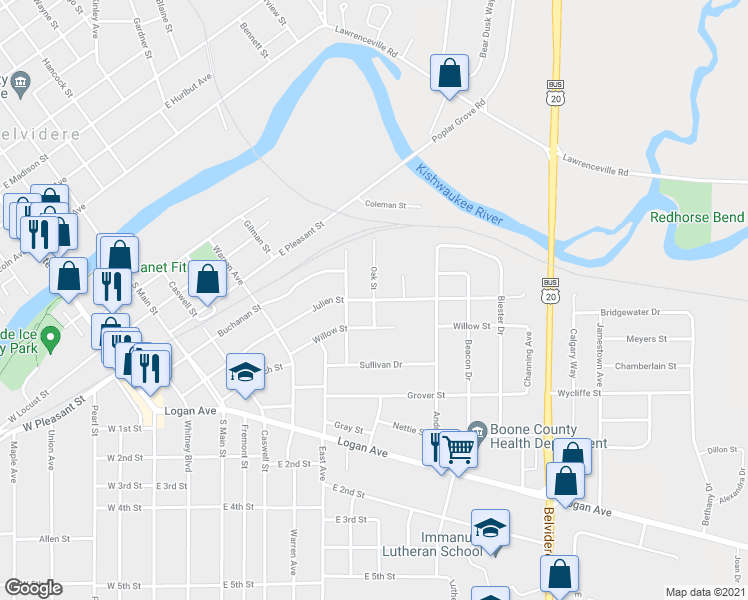 map of restaurants, bars, coffee shops, grocery stores, and more near 904 Julien Street in Belvidere