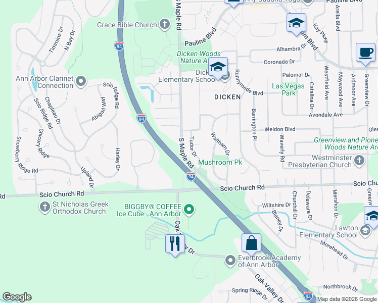 map of restaurants, bars, coffee shops, grocery stores, and more near 1708 Tudor Drive in Ann Arbor