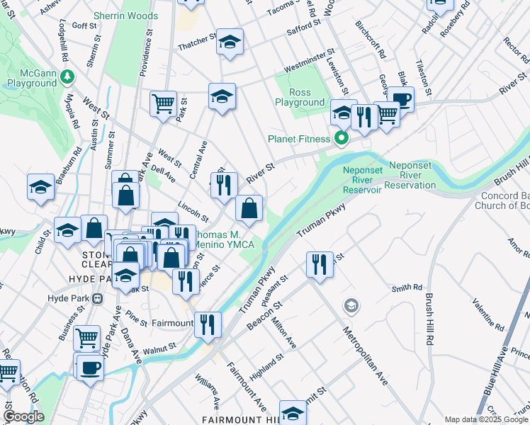 map of restaurants, bars, coffee shops, grocery stores, and more near 1 West Street in Boston