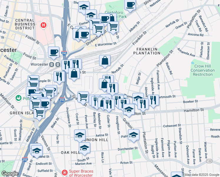 map of restaurants, bars, coffee shops, grocery stores, and more near 43 Suffolk Street in Worcester