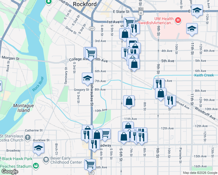 map of restaurants, bars, coffee shops, grocery stores, and more near 828 8th Avenue in Rockford